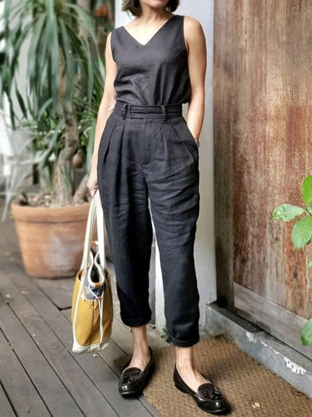 

Linen Plain Two-Piece Set, Black, Suits