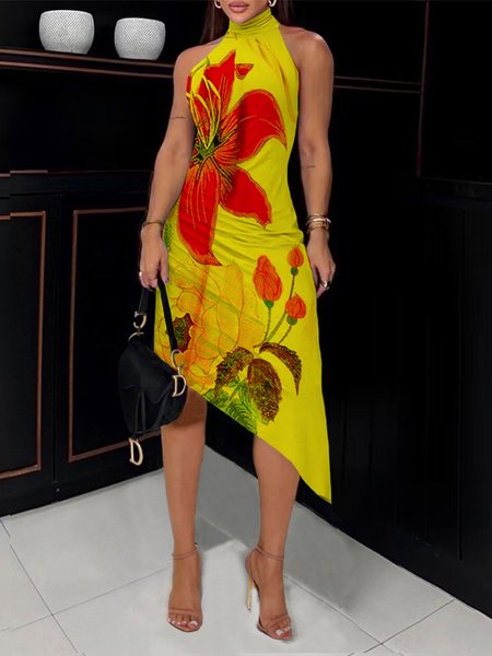 

Tight Floral Halter Elegant Sleevelss Midi Dress, Yellow, Midi Dresses