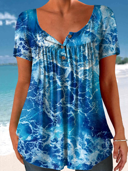 

Women's Ocean Print Vocation Casual Crew Neck T-Shirt, Blue, T-shirts