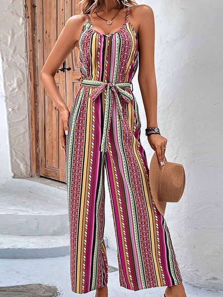 

Vacation Spaghetti Loose Ethnic Jumpsuit, Red, Jumpsuits＆Rompers