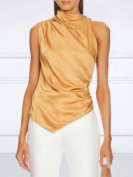 

Satin Stand Collar Elegant Ruched Sleeveless Shirt, Light khaki, Blouses and Shirts