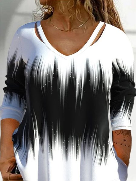 

Plus Size Loose Abstract V Neck Casual T-Shirt, White, T-Shirts