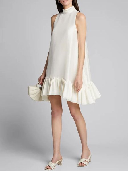 

Plain Elegant Stand Collar Loose Dress, Cream, Mini Dresses