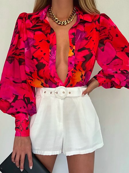 

Vacation Shirt Collar Floral Loosen Blouse, As picture, Blouses and Shirts