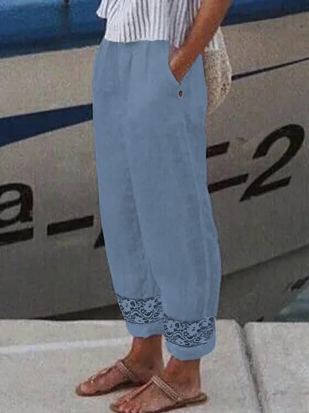 

Casual Linen Lace Pants, Blue, Pants