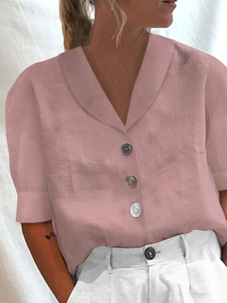 

JFN Cotton Loose Shawl Collar Buttoned Short Sleeve Blouse, Pink, Shirts & Blouses