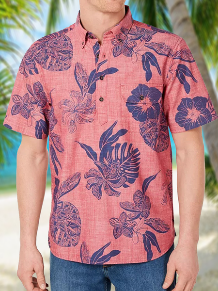 

Botanical Print Chest Pocket Short Sleeve Resort Shirt, Red, Men Shirts