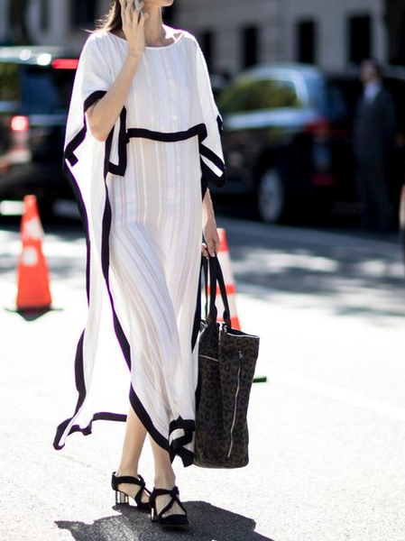 

Loose Casual Plain Crew Neck Dress, Black-white, Maxi Dresses