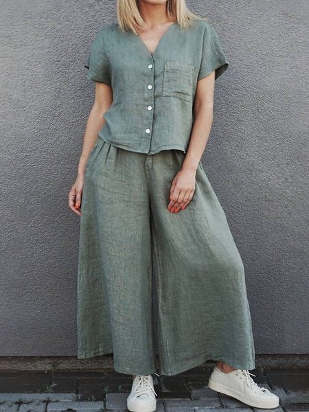 

Women's summer cotton and linen simple leisure suit two-piece set, Green, Suits