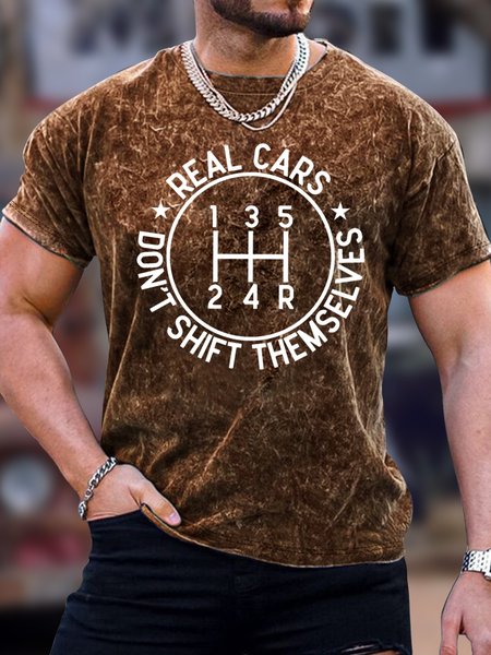 

Men's Real Cars Don't Shift Themselves Funny Graphic Printing Loose Text Letters Crew Neck Casual T-Shirt, Brown, T-shirts