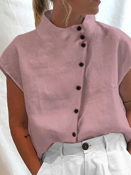 

Women's Shirt Blouse Linen Cotton Turtleneck shirt Plain Casual Button Short Sleeve Elegant Fashion Basic Standing Collar Regular Fit Spring Summer, Pink, Blouses & Shirts