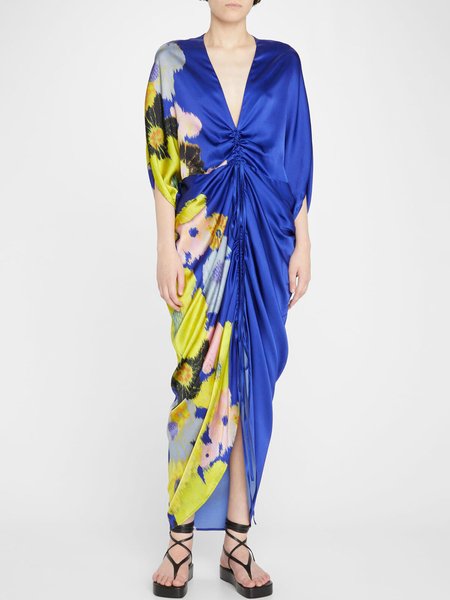 

V Neck Vacation Floral Long Dress, Blue, Maxi Dresses
