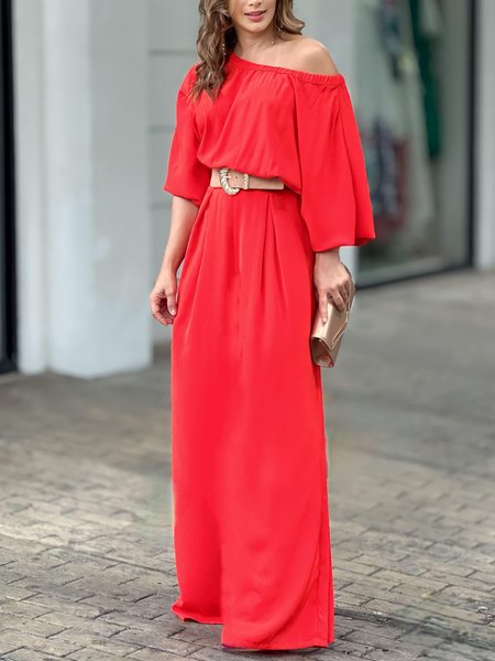 

One Shoulder Plain Loose Casual Dress, Red, Maxi Dresses