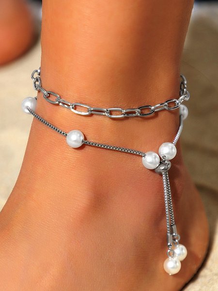 

Vacation Fashion Pearl Chain Multilayer Anklet Daily Beach Women Jewelry, Silver, Bracelets & Anklets