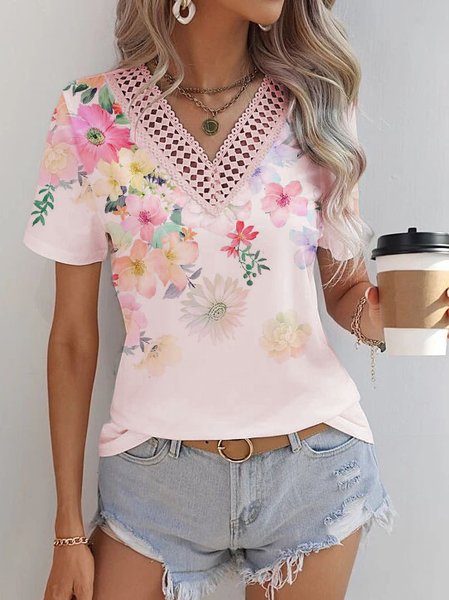 

Lace Edge Casual Loose T-Shirt, Light pink, T-Shirts