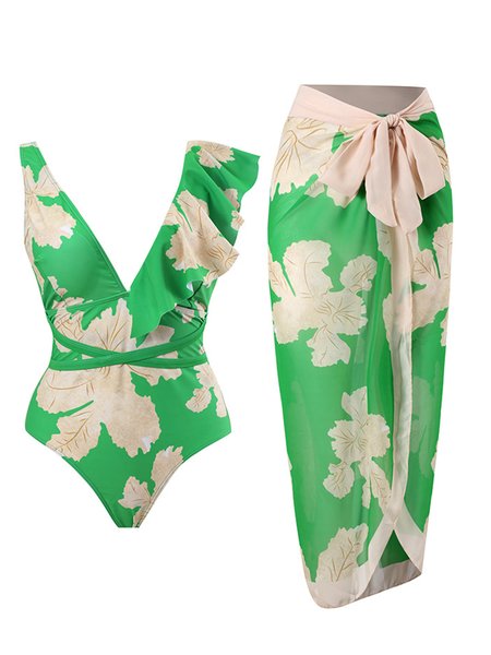 

Casual Floral Printing One Piece With Cover Up, Green, Coverups