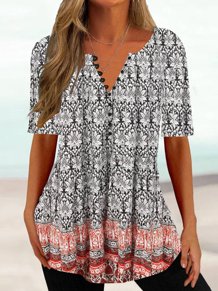 

Casual Ethnic Buckle V Neck Shirt, Black, Shirts & Blouses