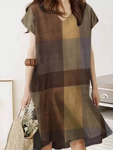 

Plaid V Neck Loose Casual Dress, Brown, Dresses