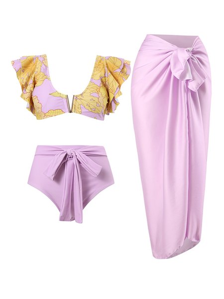 

Scoop Neck Printing Elegant Leaf Bikini With Cover Up, Pink, Bikini Sets