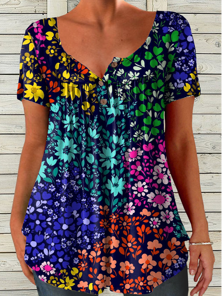 

Women's Flower Art Print Casual Loose T-Shirt, As picture, T-shirts