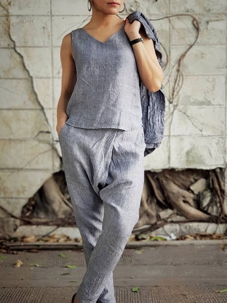 

Vacation Loose Cotton V Neck Two-Piece Set, Blue, Suits