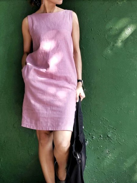 

Cotton And Linen Loose Plain Linen Dress, Pink, Mini Dresses