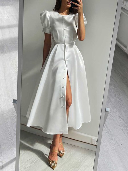 

Plain Regular Fit Crew Neck Elegant Dress, White, Midi Dresses