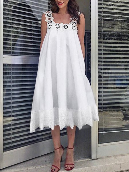 

Vacation Square Neck Plain Sleeveless Midi Dress, White, Midi Dresses