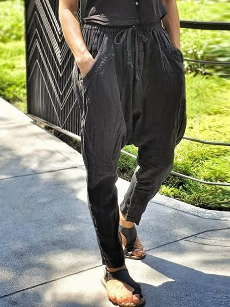 

Drawstring Linen Plain Pants, Black, Pants