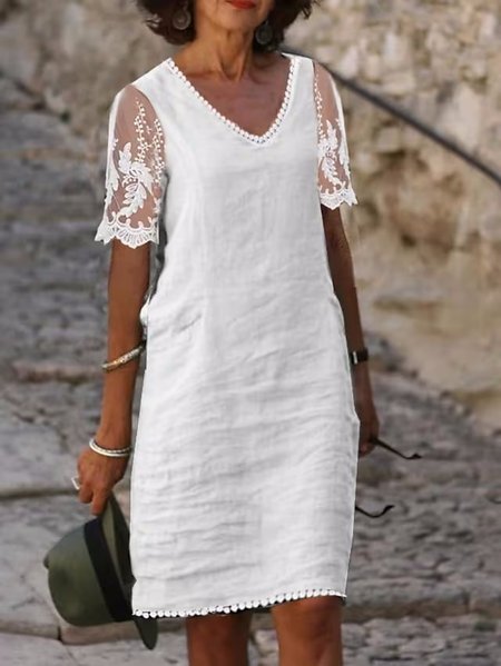 

Linen V Neck Loose Lace Summer Dress, White, Mini Dresses