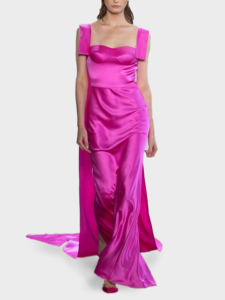 

Elegant Satin Spaghetti Regular Fit Wedding Guest Dress, Rose red, Maxi Dresses