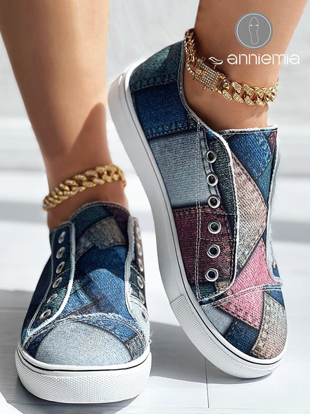 

Women's Color Block Printing Slip On Canvas Shoes, Blue, Sneakers