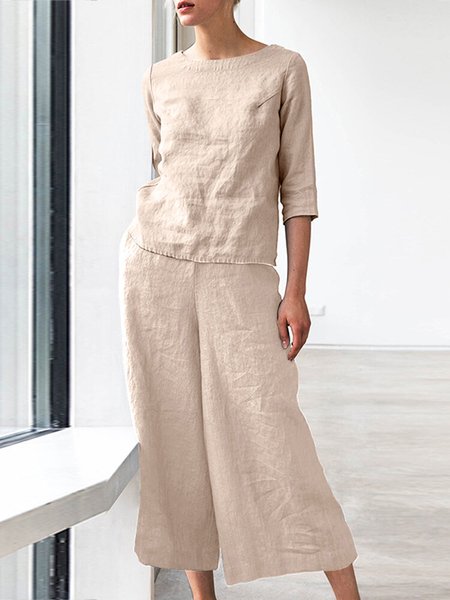 

Linen Cotton And Linen Plain Crew Neck Two-Piece Set, Light khaki, Suits