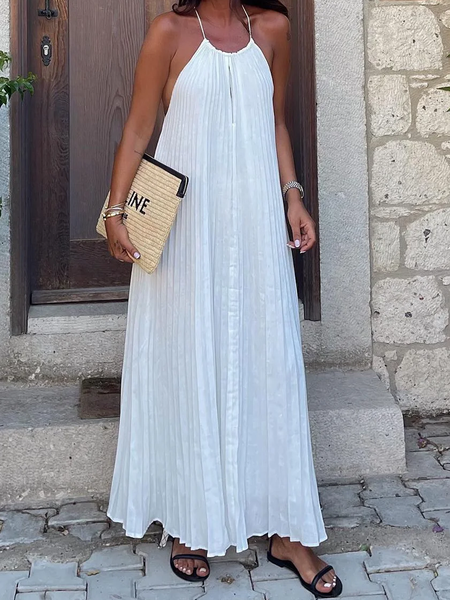 

Cotton And Linen Vacation Plain Dress, White, Dresses