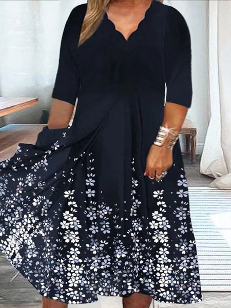 

Plus Size Floral Casual V Neck A-Line Three Quarter Dress, Black, Dresses