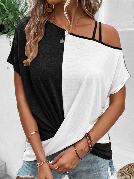 

Women's summer color splicing short sleeve T-shirt top, Black-white, T-Shirts