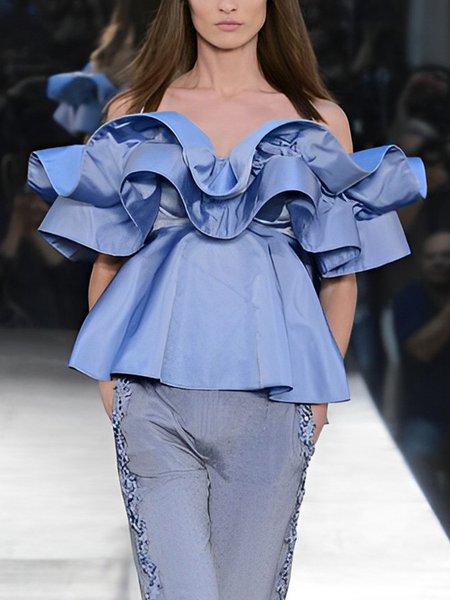 

Regular Fit Elegant Plain Cold Shoulder Blouse, Blue, Blouses and Shirts