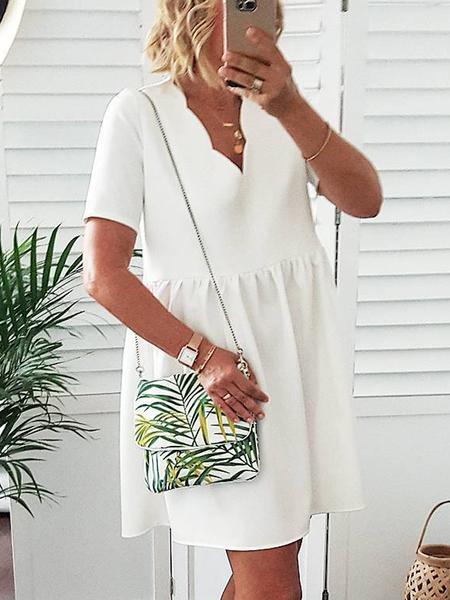 

Casual Loose Plain V Neck Dress, White, Dresses