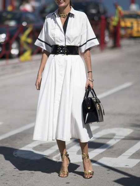 

Plain Regular Fit Shirt Collar Casual Dress, White, Midi Dresses
