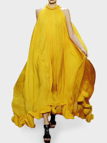 

Regular Fit Elegant Plain Wedding Guest Dress, Yellow, Maxi Dresses
