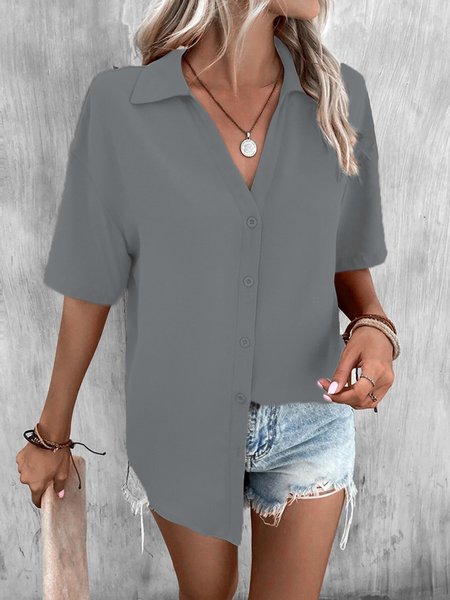 

Casual Loose Shirt Collar Plain Blouse, Gray, Shirts & Blouses