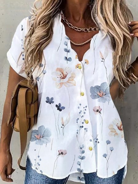 

Buttoned Loose Casual V Neck Blouse, White, Shirts & Blouses