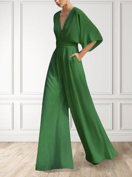 

Loose Notched Plain Casual Jumpsuit, Green, Jumpsuits