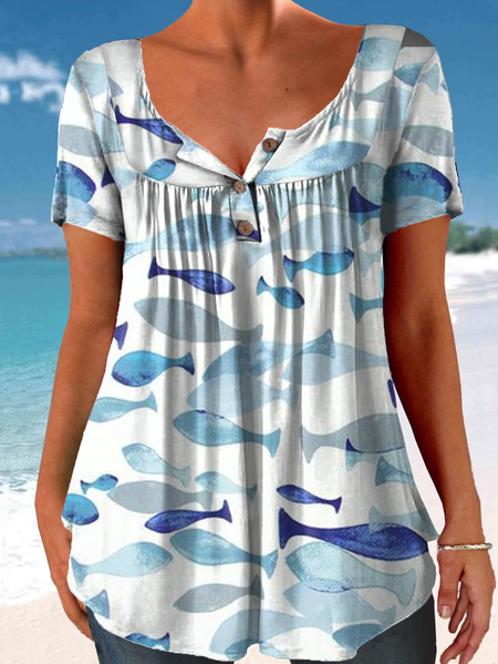 

Women's Cute Fish Summer Print Letters Casual T-Shirt, Blue, T-shirts
