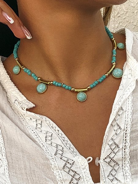 

Ethnic Style Natural Turquoise Beaded Pendant Necklace Women Jewelry, As picture, Necklaces