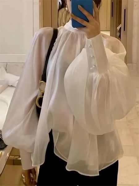 

Stand Collar Regular Fit Elegant Plain Blouse, White, Blouses and Shirts