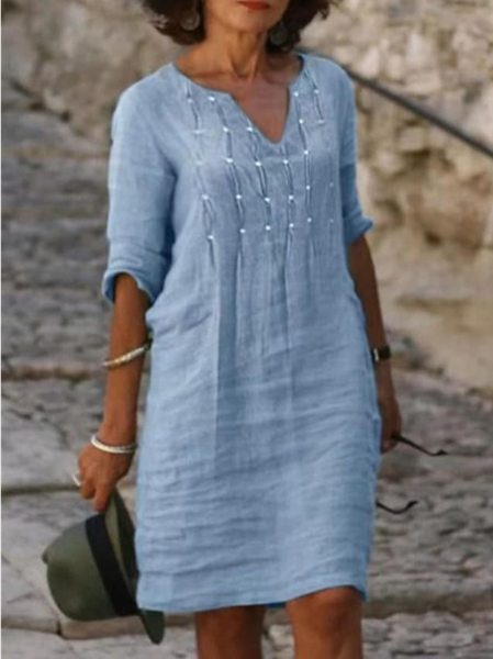 

Women Plain Elegant Ruched Casual V Neck Short Sleeve Cotton Linen Dress, Blue, Midi Dresses