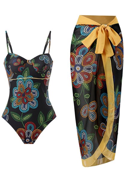 

Printing Floral V Neck Elegant One Piece With Cover Up, Black, Coverups