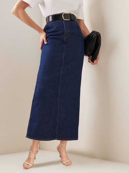 

Lightweight Plain Micro-Elasticity Loose Urban Denim Long Skirt, Denim blue, Skirts
