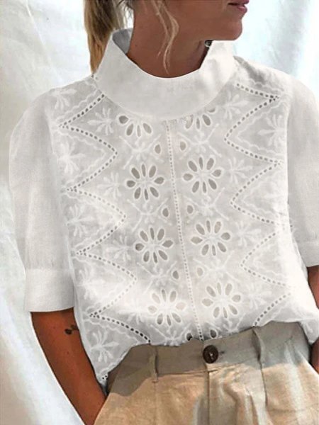 

Summer Linen Cotton Stand Collar Loose Casual Shirt, White, Shirts & Blouses